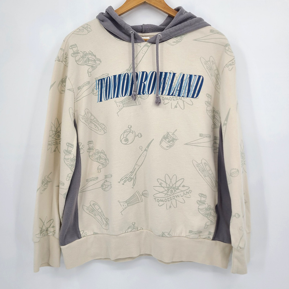 Disney Tomorrowland Cream Gray Hoodie Hooded Sweatshirt Space Theme Size L